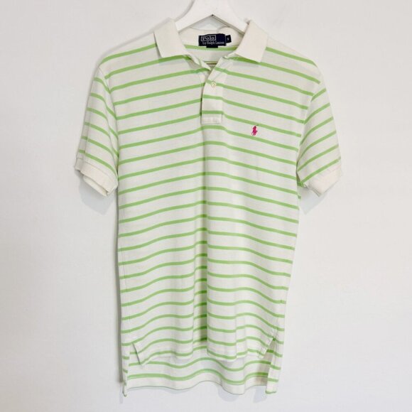 Polo Ralph Lauren Neon Green Striped Button Front Golf Shirt Top Pink Pony Small - Picture 1 of 8